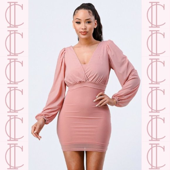 Lux Mesh Layered Lining V Neck Bubble Slv Bodycon Dress (Mauve) - Picture 2 of 6